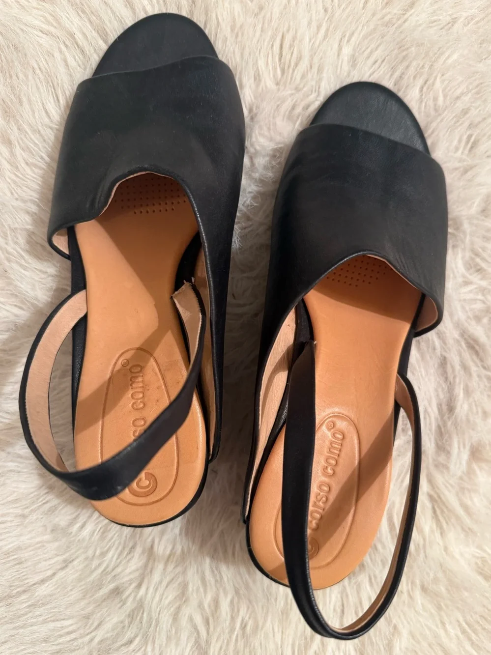 NWOT Cordova Como Leather Mirrored Wedge Sling Backs Black Sz 7.5